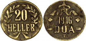 German East Africa 20 Heller 1916 T
KM# 15a; Obverse B and reverse B; Wilhelm II; Tabora Emergency Coinage; XF/AUNC.