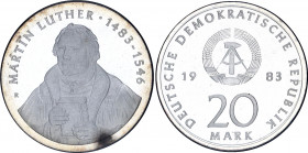 Germany - DDR 20 Mark 1983 A Martin Luther Proof
KM# 94; 500th Anniversary of Birth of Martin Luther. Silver, Proof. Mintage 5500 Only. In Original b...