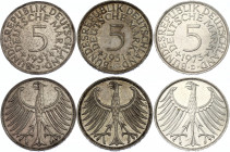 Germany - FRG 3 x 5 Mark 1951 - 1973
KM# 112, N# 1933; Silver; Various Mintmarks; XF.