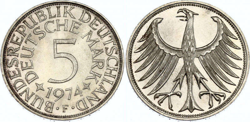 Germany - FRG 5 Mark 1974 F
KM# 112, N# 1933; Silver; UNC with full mint luster...