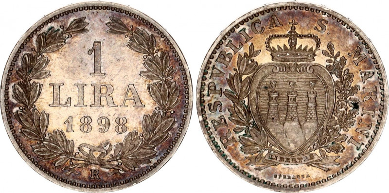 San Marino 1 Lira 1898 R
KM# 4, N# 27074; Silver; Rome Mintage 20.000 pieces; U...