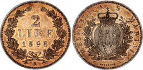 San Marino 2 Lire 1898 R
KM# 5, N# 24560; Silver; Rome Mintage 10.000 pieces; UNC, Luster with Golden Patina.