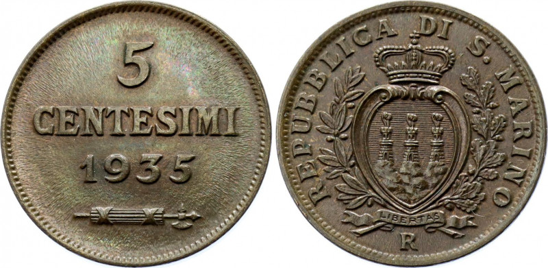 San Marino 5 Centesimi 1935 R
KM# 12; N# 9701; Bronze; AUNC-UNC.