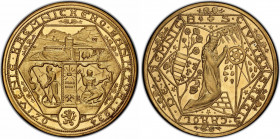 Czechoslovakia Gold Medal in Size of 5 Dukat 1934 "Reviving of Kremnica Mines" PCGS UNC
X# M20; Gold; By Hám Antonín; Zlatá Medaile - Odrážek ve veli...