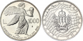 San Marino 1000 Lire 1990 
KM# 247; N# 54265; Silver; 1990 World Cup, Italy; UNC.