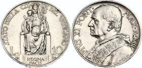 Vatican 10 Lire 1934 
KM# 8, N# 10412; Silver; Pivs XI; XF+.