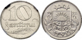 Latvia 10 Santimu 1922 NGC MS 63
KM# 4, N# 4482; Nickel.
