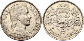 Latvia 5 Lati 1929
KM# 9, N# 6595; Silver; "Milda"; XF-AUNC, with Hairlines.