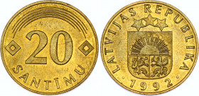 Latvia 20 Santimu 1992 Magnetic
KM# 22.2; Brass Plated Steel 4,0g, 1.65mm thick., Planchet for Geman 10 pfennig, Very Rare; UNC.