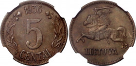 Lithuania 5 Centai 1936 NGC MS 62 BN
KM# 81, N# 4493; Bronze.