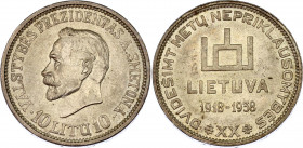 Lithuania 10 Litu 1938 
KM# 84; N# 12410; Silver; Twenty Years of Independence; UNC-.