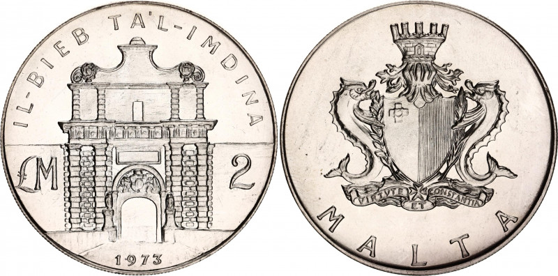 Malta 2 Pounds 1973 
KM# 20, N# 12493; Silver., Prooflike; Ta'l-Imdina Gate; UN...