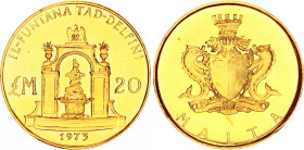 Malta 20 Pounds 1973
KM# 22; N# 35686; Gold (.917) 6.00 g.; Dolphin Fountain; Mintage 9'075; UNC.