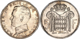 Monaco 5 Francs 1960 NGC AU 58
KM# 141; N# 4253; Silver; Rainier III; Mint: Paris; AUNC.