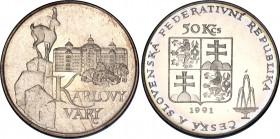 Czechoslovakia 50 Korun 1991 Karlovy Vary Proof
KM# 157; Silver, Proof. Mintage 5000 Only. In Original sealed box. Rare.