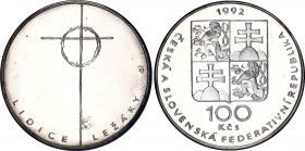 Czechoslovakia 100 Korun 1992 Lidice Proof
KM# 161; 50th Anniversary of Extermination of Villages Lidice and Ležáky. Silver, Proof. Mintage 3000 Only...