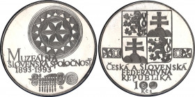 Czechoslovakia 100 Korun 1993 Proof
KM# 163; Slovak Museum Society Centennial. Slovenska Muzealni Spolecnots. Silver, Proof. Mintage 3000 Only. In Or...