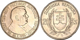 Slovakia 20 Korun 1939 NGC MS 62
KM# 3; Schön# 8; N# 14335; Silver; Jozef Tiso - 1st President of Slovak Republic; UNC.