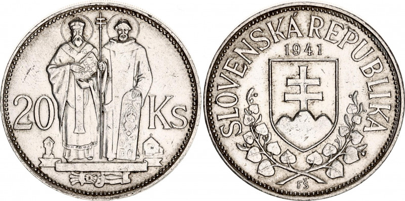 Slovakia 20 Korun 1941
KM# 7, N# 6483; Silver; St. Cyril and St. Methodius; AUN...