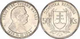 Slovakia 50 Korun 1944 NGC AU 55
KM# 10; Schön# 10; N# 6088; Silver; 5th Anniversary of the Slovak Republic; AUNC.