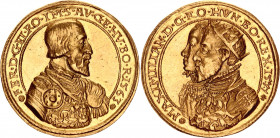 Austria Gold Medal of 8 Dukat 1577 R Restrike
Obv: Portrait of Maximillian II with his wife - 1577. Rev: Portrait of Ferdinand I - 1563. Very beautif...
