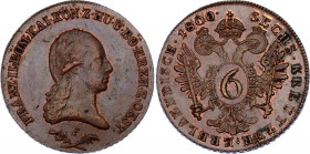 Austria 6 Kreuzer 1800 F
KM# 2128, N# 5217; Franz II; AUNC, mint luster remains.