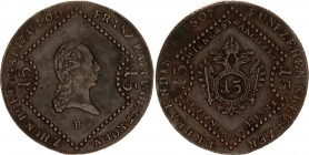 Austria 15 Kreuzer 1807 B
KM# 2138; N# 7069; Copper; Franz I; Mint: Kremnitz; VF-XF.