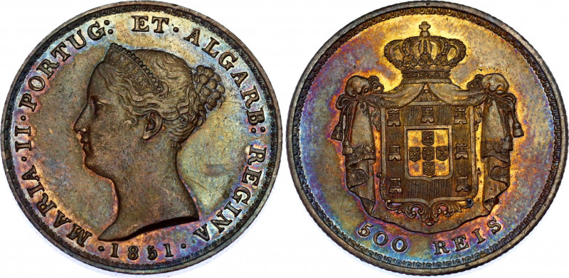 Portugal 500 Reis 1851 
KM# 471; N# 24081; Silver; Maria II; XF+ with amazing t...