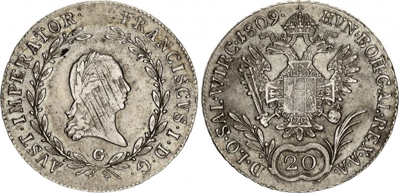 Austria 20 Kreuzer 1809 G
KM# 2141; N# 18835; Silver; Franz I; Mint: Gunzburg; ...