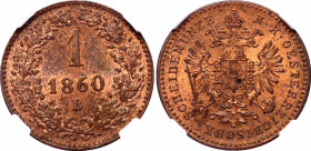 Austria 1 Kreuzer 1860 B NGC MS 64 RB
KM# 2186, N# 2360; Copper; Franz Joseph I; With full mint luster.