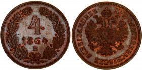 Austria 4 Kreuzer 1864 B
KM# 2194; H# 2168; N# 13819; Copper; Franz Joseph I; Mint: Kremnitz; UNC Toned.