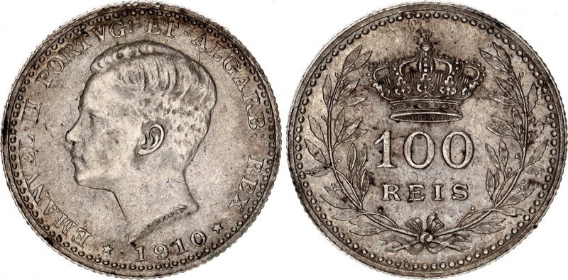 Portugal 100 Reis 1910
KM# 548, N# 13023; Silver; Manuel II; XF+.