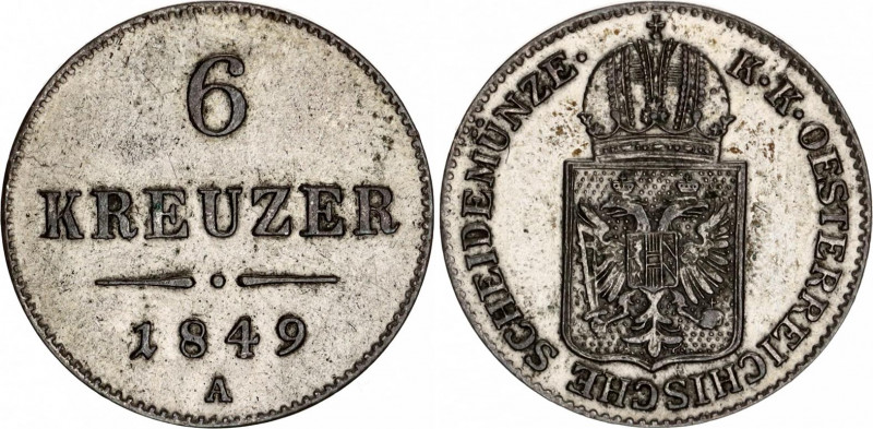 Austria 6 Kreuzer 1849 A
KM# 2200, N# 13821; Silver; Franz Joseph I; UNC.