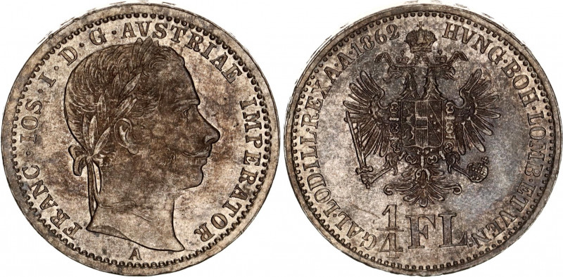 Austria 1/4 Florin 1862 A
KM# 2214; Schön# 123; N# 13806; Silver; Franz Joseph ...