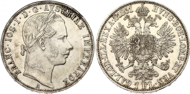 Austria 1 Florin 1861 A
KM# 2219, N# 7004; Silver; Franz Joseph I; UNC, with Ha...