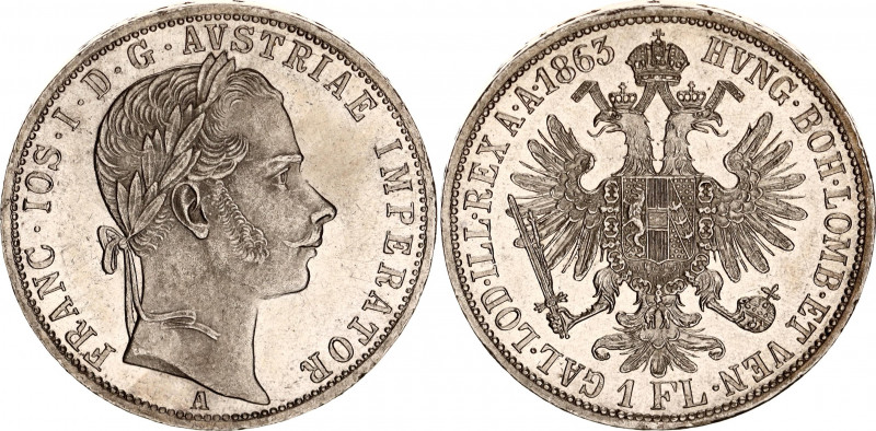 Austria 1 Florin 1863 A
KM# 2219; N# 7004; Silver; Franz Joseph I; Mint: Vienna...