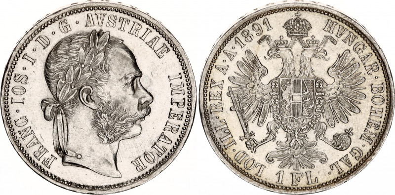 Austria 1 Florin 1891
KM# 2222; Schön# 149; N# 4726; Silver; Franz Joseph I; Mi...