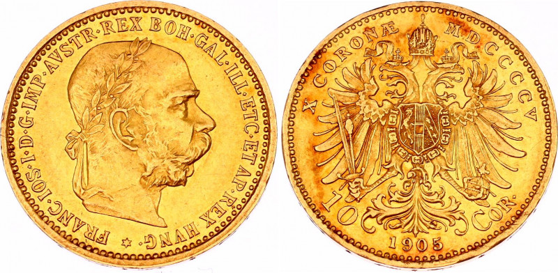 Austria 10 Corona 1905
KM# 2805; N# 33244; Gold (.900) 3.38 g., 19 mm.; Franz J...