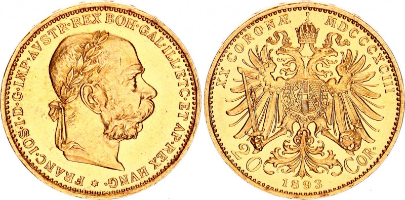 Austria 20 Corona 1893
KM# 2806; N# 14747; Gold (.900) 6.78 g.; Franz Joseph I;...