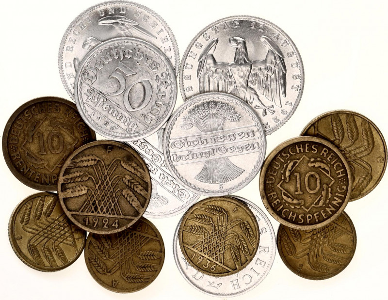 Germany - Weimar Republic Lot of 14 Coins 1920 - 1936
Bronze; Aluminium; VF-AUN...