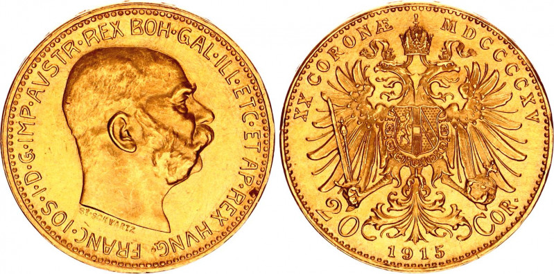 Austria 20 Corona 1915 Restrike
KM# 2818; N# 28374; Gold (.900) 6.78 g.; Franz ...