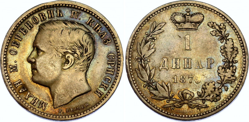 Serbia 1 Dinar 1875 
KM# 5; N# 27311; Silver; Milan Obrenović IV; VF+.