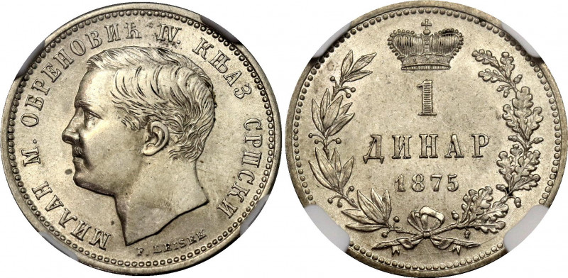 Serbia 1 Dinar 1875 NGC AU 55
KM# 5; N# 27311; Silver; Milan Obrenović IV; AUNC...