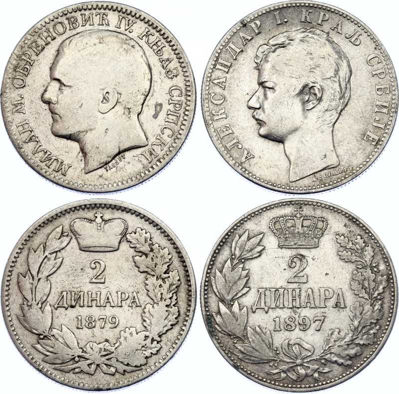 Serbia 2 x 2 Dinara 1879 - 1897
KM# 11 & 22; Silver; Milan Obrenović IV & Alexa...