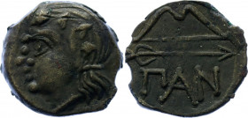 Ancient Greece Pantikapaion Dihalk 350 - 330 BC
BMC# 28; Copper., 2.64 g.; Obv: Head of young Pan left. Rev: ΠAN,,bow over arrow right; VF/XF.
