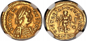 Byzantium Ostrogoths, Theoderic AV Tremissis 493 - 526 AD NGC AU
Gold 1.40 g.; Theoderic (493-526 AD); In the name of Justin I; Obv: Justin I / Rev: ...