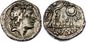 Roman Republic Anonymous AR Quinarius 81 BC
Crawford 373/1b; RSC 227a; Sydenham 609a; Silver 1.59 g.; Obv: Laureate head of Apollo r. / Rev.: Victory...