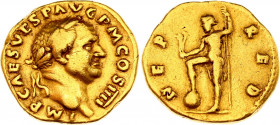 Roman Empire Vespasianus Aureus 72 - 73 AD
RIC 46; Cal# 654; C# 273; Gold 7.16 g.; Vespasianus (69-79 AD); Obv: IMP CAES VESP AVG PM COS IIII laureat...