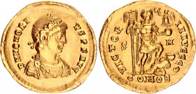 Roman Empire Solidus 393 - 395 AD Scarce
RIC# 15d; Gold., 4.40 g.; Honorius (393-423); Obv: D N HONORI - VS P F AVG, diademed, draped and cuirassed b...