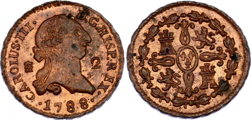 Spain Segovia 2 Maravedis 1788 
KM# 406.2; N# 27538; Charles III; UNC, full min...